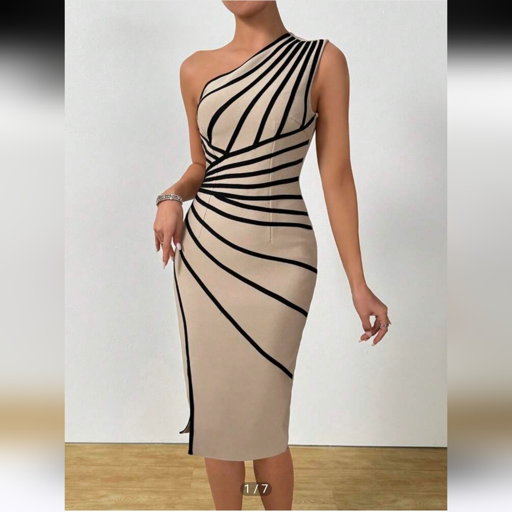 Elegant One-Shoulder Black and Cream Dress